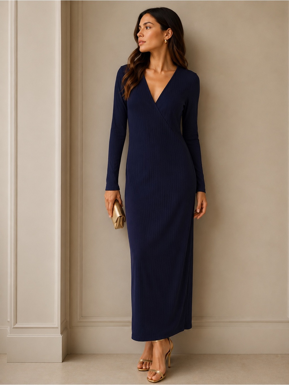 SHIBEVER  XL Elegant Navy Long-Sleeve texture striped midi / long Dress